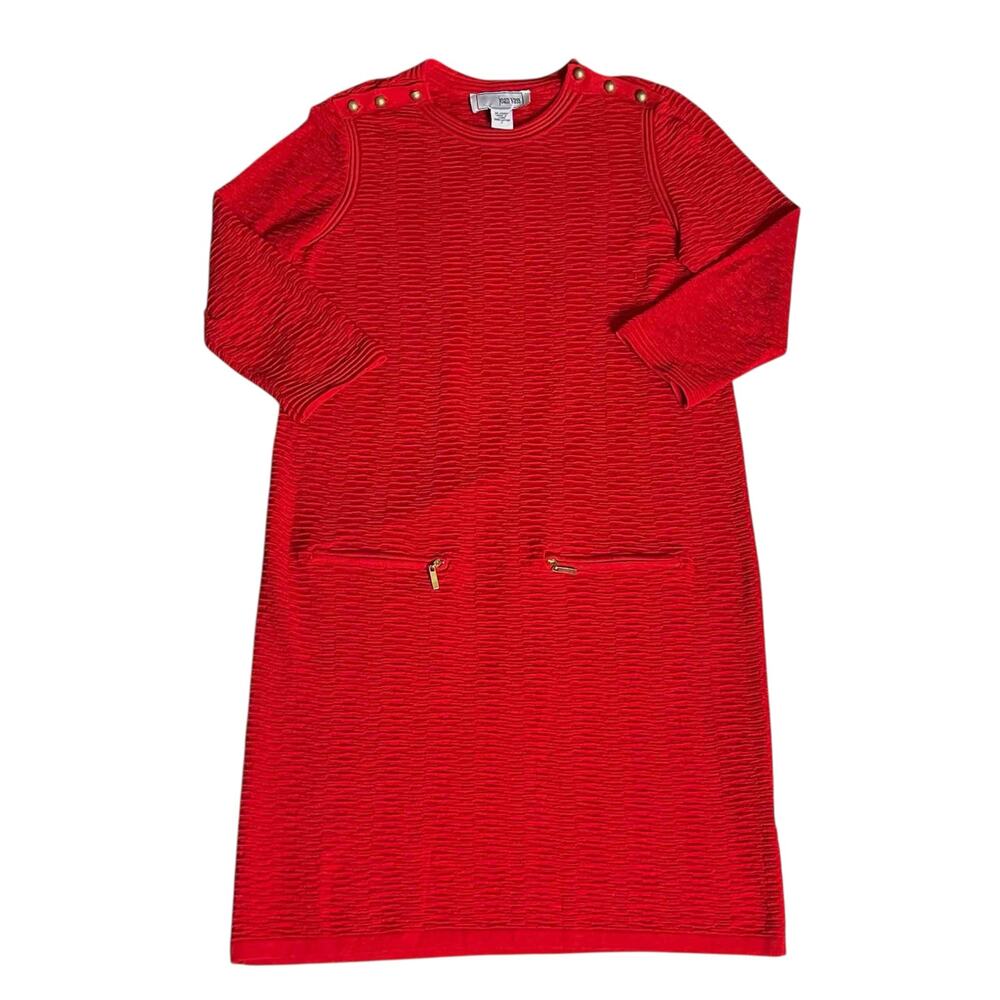 Women's Joan Vass Sand-Stitched Zip-Pocket Shift Dress Red 100% Cotton Size 2